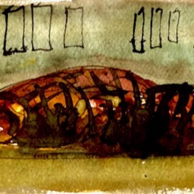 dakloos, bister, acrylinkt en rietpen, schetsdagboek 2023